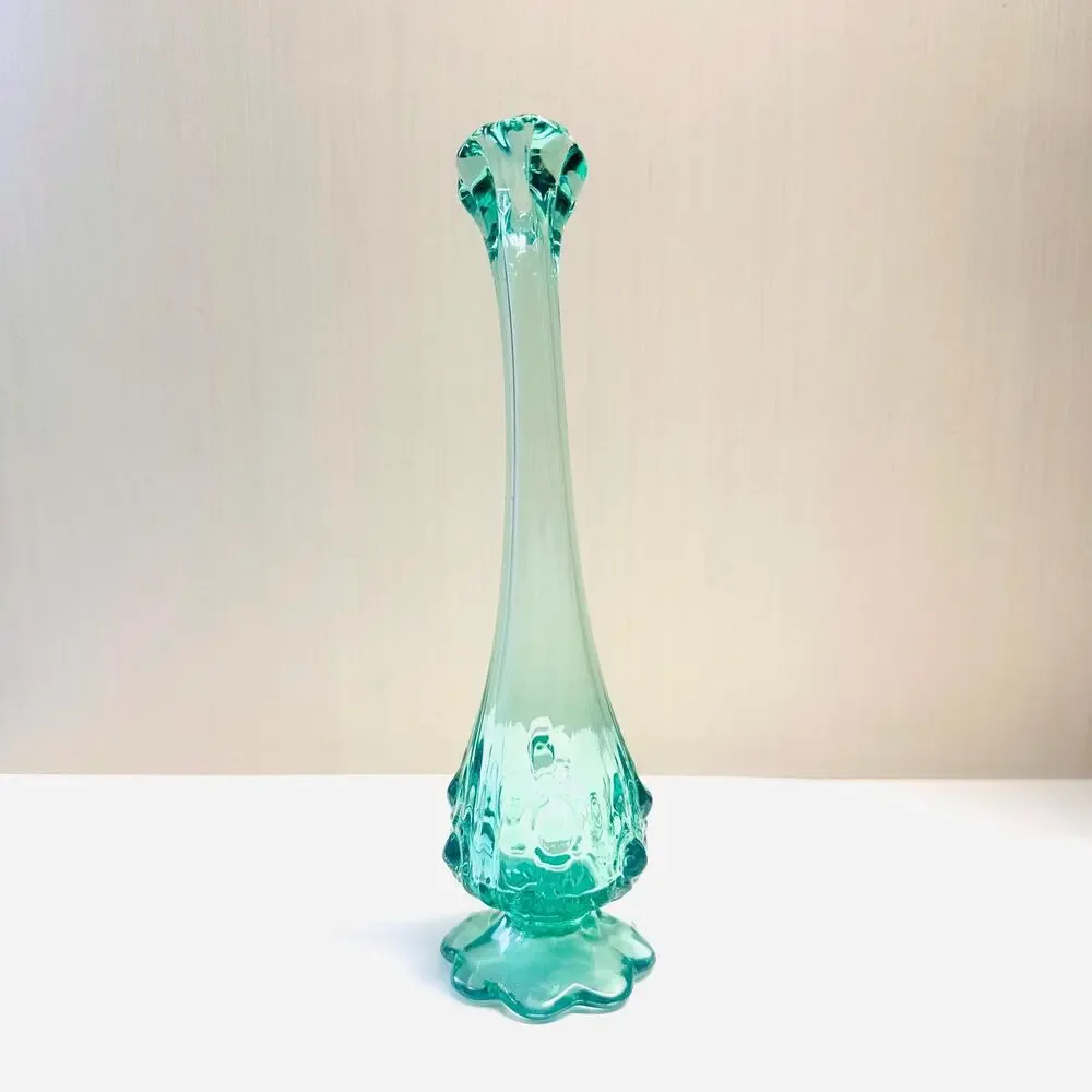Vintage Fenton Glass Swung Bud Vase Blue Green Cabbage Pattern